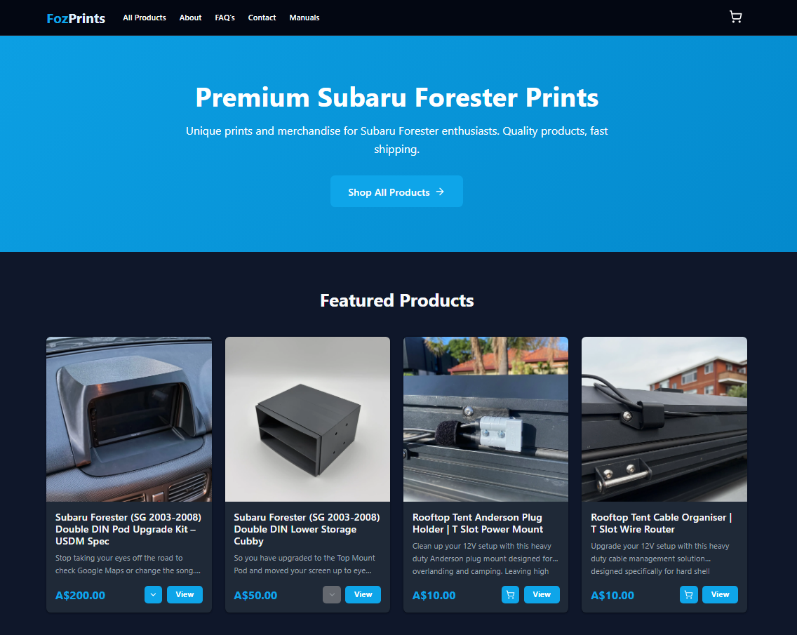 Foz Prints eCommerce website homepage
