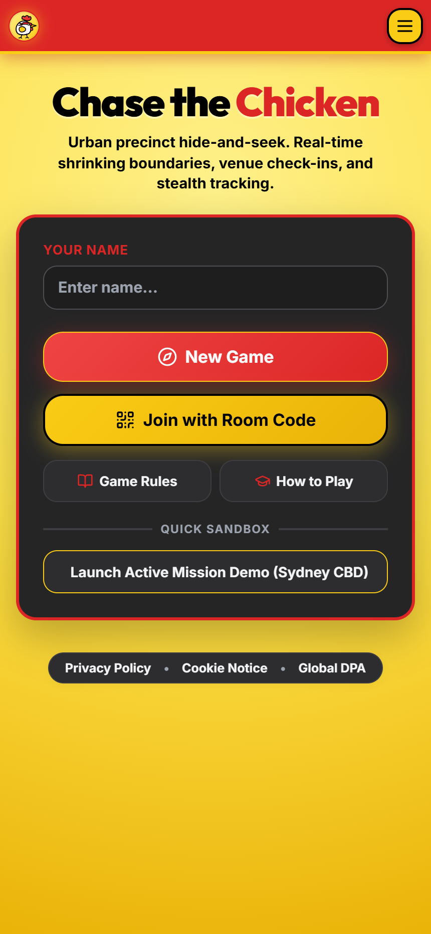 Chase the Chicken landing screen with signature yellow and crimson identity